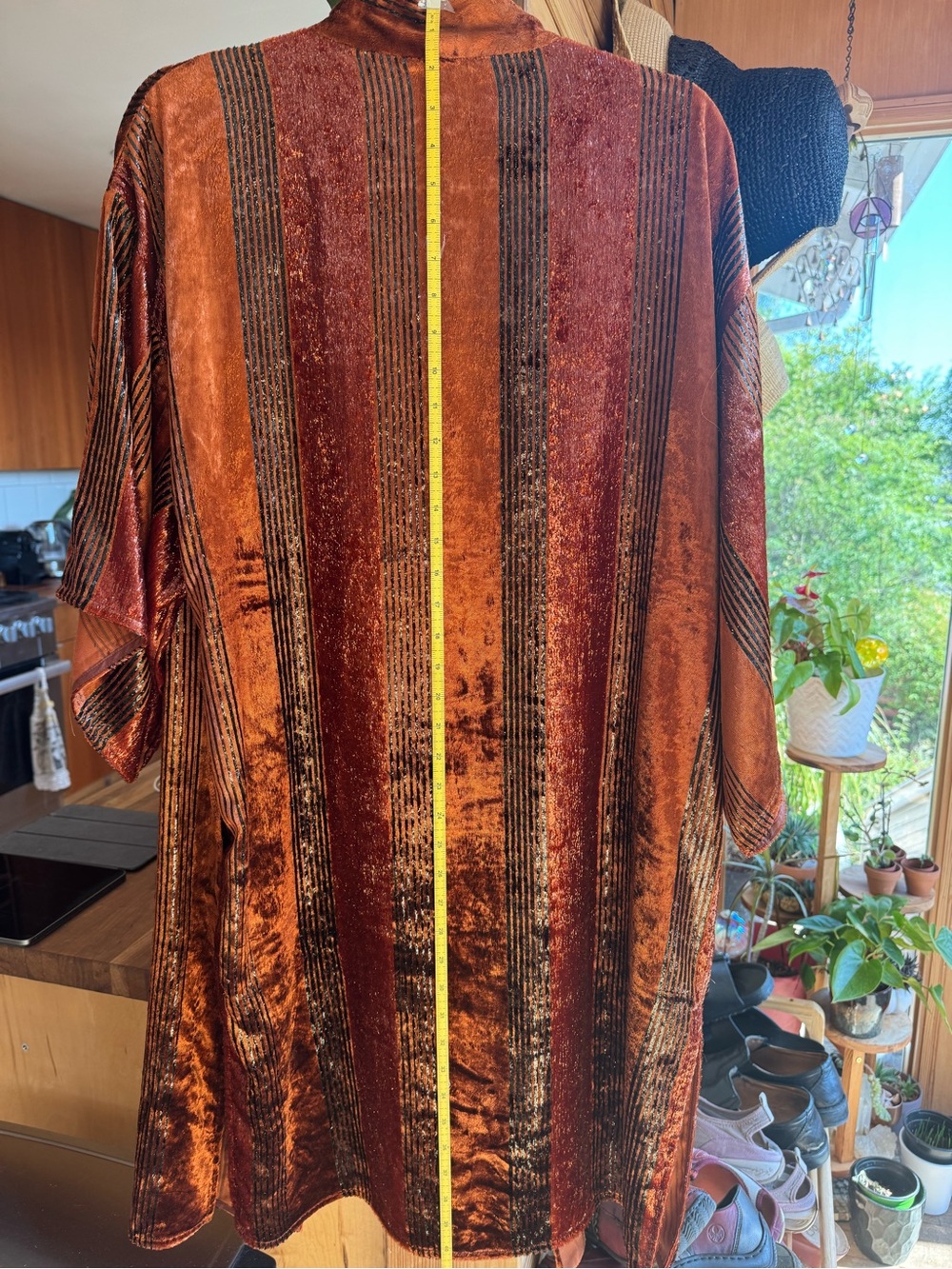 Anthropologie Rust Brown Striped Velvet Duster/Kimono w/ Pockets - Picture 6 of 13